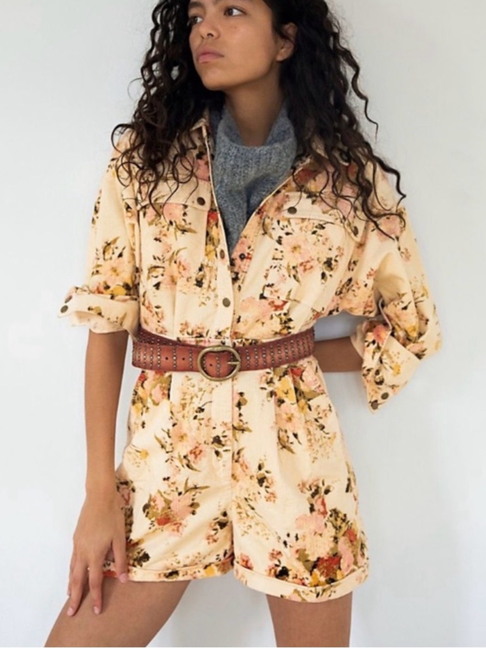 Free People Corduroy Tapestry Cream Floral Romper size 10